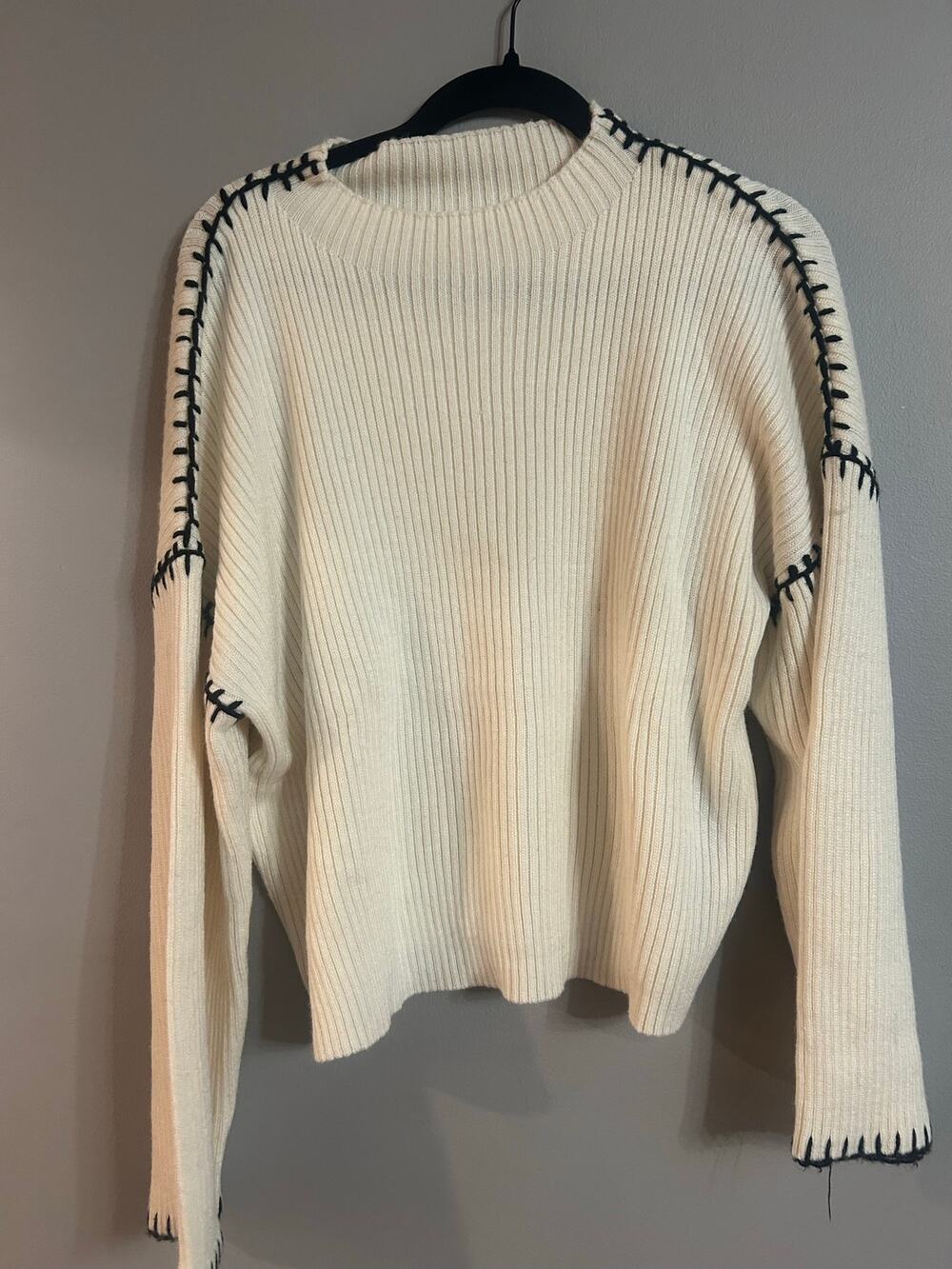 Ivory black Frankenstein whipstitch sweater XS boxy oversized ribbed Halloween